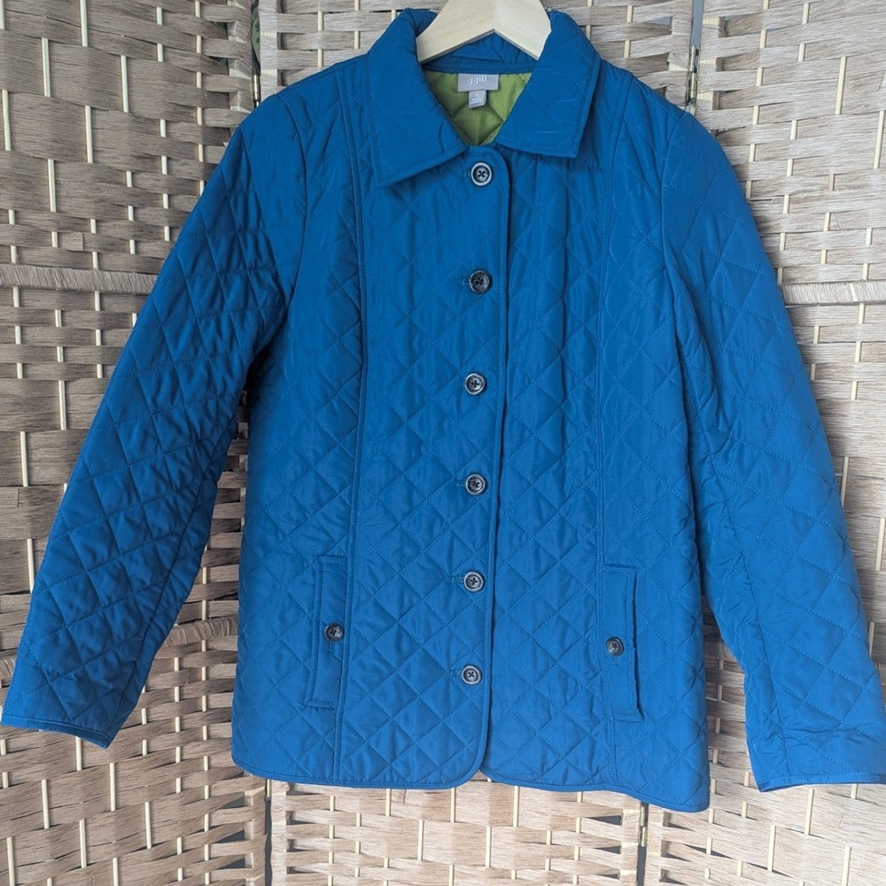 J Jill Quilted Lightweight Jacket Teal Blue Button Up Collared Women's Size S